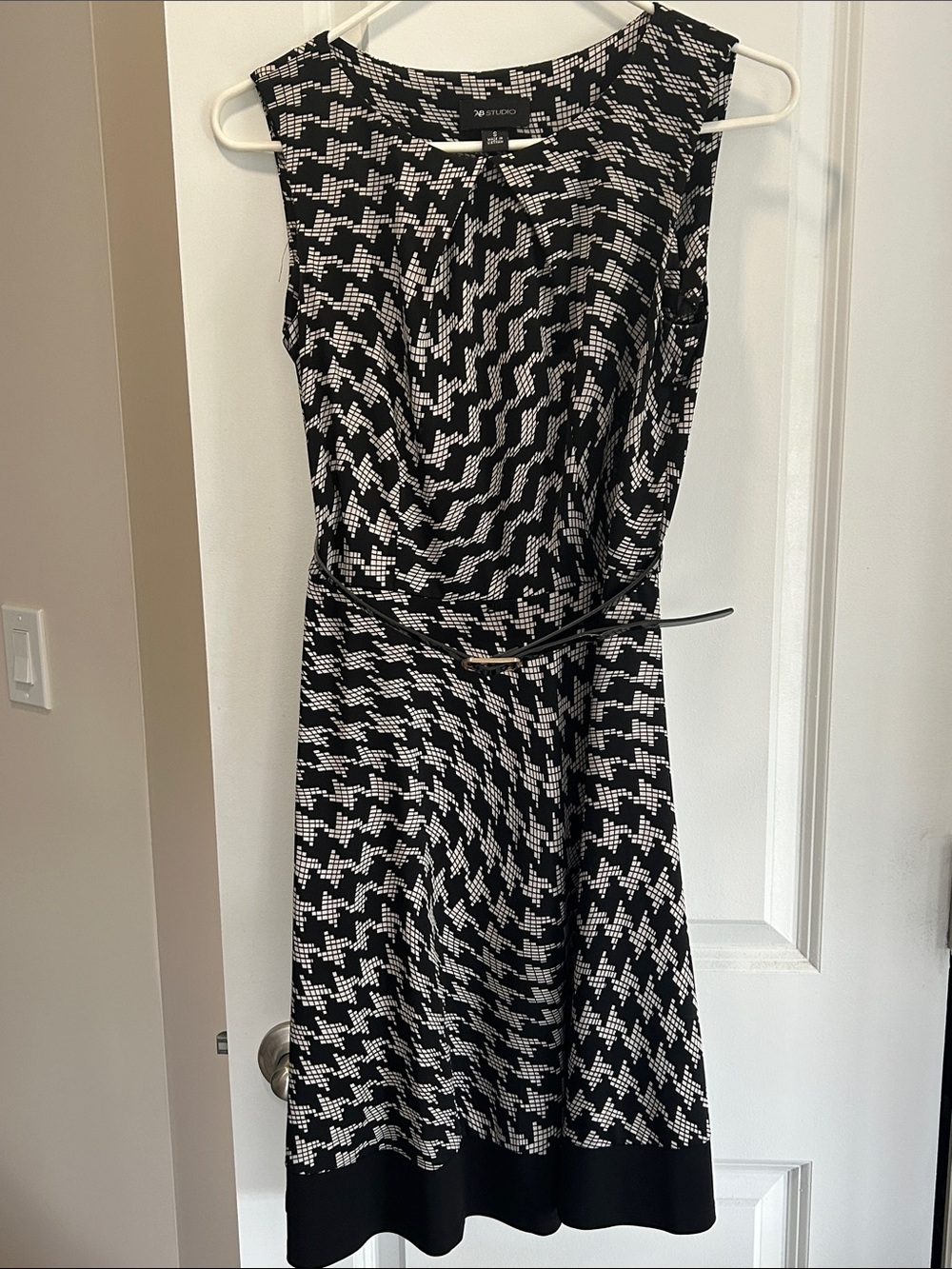 AB Studio Black and White Houndstooth Belted Fit-and-Flare Dress